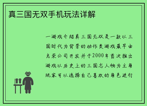真三国无双手机玩法详解